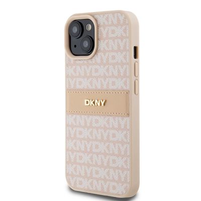 2. DKNY Leder-Monostreifen- und Metall-Logo-Hülle für iPhone 15 Plus / 14 Plus – Pink