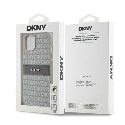 8. DKNY Lederhülle mit Monostreifen und Metalllogo für iPhone 15 / 14 / 13 – Beige