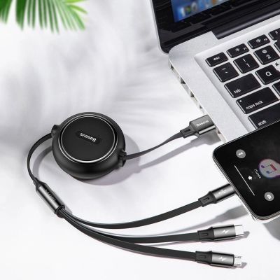 15. Baseus Golden Loop einziehbares 3in1 USB-Kabel - Micro-USB / Lightning / USB-C 3.5A 35cm - 120cm schwarz (CAMLT-JH01)