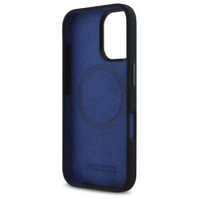 7. BMW Silikon-Hülle mit sechseckigem, blauem Streifen und MagSafe-Funktion für iPhone 16 – Schwarz