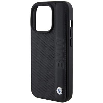 6. BMW Lederhülle mit Textur und Streifen für iPhone 15 Pro – Schwarz
