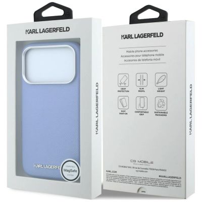 8. Karl Lagerfeld MagSafe-Hülle mit genarbtem, länglichem Logo für iPhone 17 Pro Max / 18 Pro Max – Blau