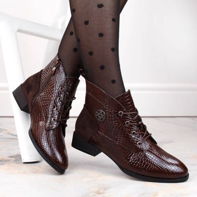 3. Filippo W PAW478B Stiefeletten aus braunem Lackleder mit isolierter Krokodilleder
