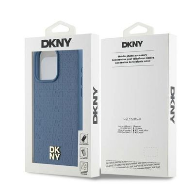 8. DKNY MagSafe-Hülle aus Leder mit Monogrammmuster und Metalllogo für iPhone 15 Pro Max – Blau