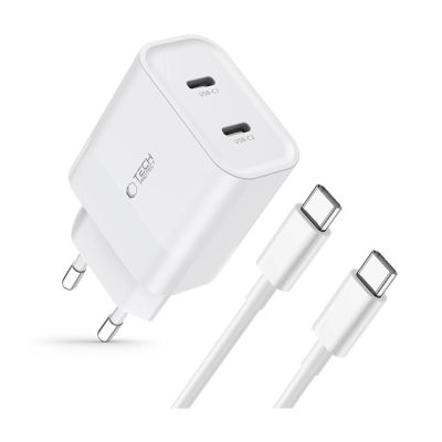 2. Tech-Protect C20W 2x USB-C PD 20W Netzwerkladegerät mit USB-C/USB-C-Kabel – Weiß