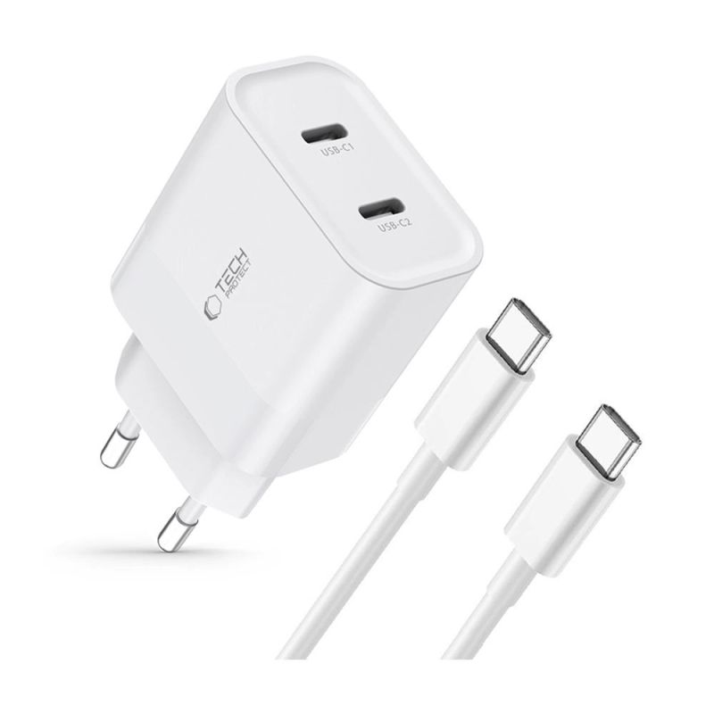 2. Tech-Protect C20W 2x USB-C PD 20W Netzwerkladegerät mit USB-C/USB-C-Kabel – Weiß
