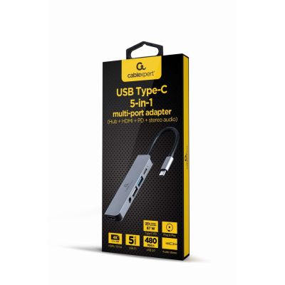GEMBIRD MULTI-ADAPTER USB TYP-C 5IN1 (HUB + HDMI + PD + STEREO-SOUND) SILBER