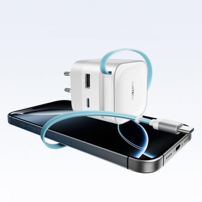 2. Cuktech AD653W 67W GaN 2x USB-C + USB-A Wandladegerät mit 70 cm einziehbarem USB-C-Kabel – Weiß