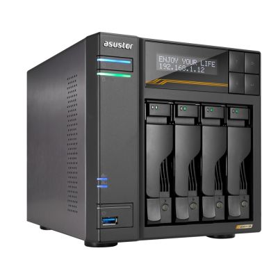 8. NAS Asustor AS6804T; Tower; 4x (3,5" SATA HDD/ 2,5" SSD); AMD Ryzen Embedded V3C14; 16 GB ECC DDR5 SODIMM (max. 64 GB), 2x 10GbE, 2x 5GbE, 4x M.2 2280 NVMe PCIe 4.0, 2x USB 4.0, 2x USB 3.2 Gen, 1x optionale 10GbE-Karte
