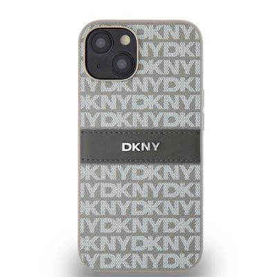 3. DKNY Lederhülle mit Monostreifen und Metalllogo für iPhone 15 / 14 / 13 – Beige