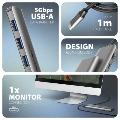 3. Axagon HMC-5H USB-C 3.2 Gen 1 Hub mit 3x USB-A, 4K HDMI PD und 100 W – Silber, kabelgebunden, USB 3.2 Gen 1 (3.1 Gen 1), Typ-C, Silber