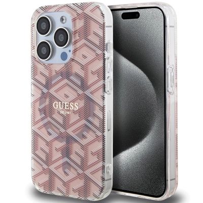Guess IML GCube MagSafe Hülle für iPhone 15 Pro – Rosa