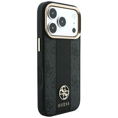 4. Guess 4G MagSafe Hülle mit runden und klassischen Stripe-Logos für iPhone 17 Pro Max / 18 Pro Max – Schwarz