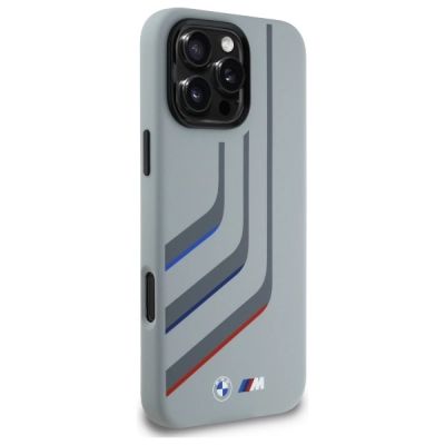 4. BMW Silikonhülle mit Kurvenlinien und MagSafe-Design für iPhone 16 Pro Max – Grau