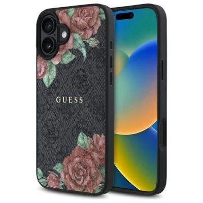 Guess GUHMP16SP4ROPEMCK iPhone 16 6,1" schwarz/schwarzes Hardcase 4G Flowers Print MagSafe