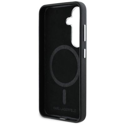 7. Karl Lagerfeld Saffiano Vollumwickelte MagSafe Hülle mit länglichem Metalllogo für Samsung Galaxy S25+ - Schwarz