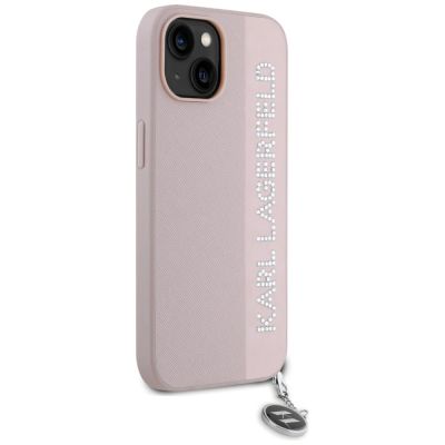 4. Karl Lagerfeld Saffiano Rhinestones & Charm Hülle für iPhone 15 / 14 / 13 – Rosa
