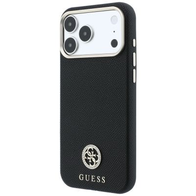 2. Guess MagSafe Hülle mit genarbtem, rundem Strass-Logo für iPhone 18 Pro / 17 Pro – Schwarz