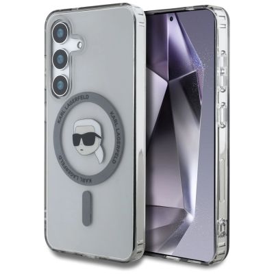 Karl Lagerfeld Button Karl Head gedrucktes Logo MagSafe Samsung Galaxy S25 Hülle schwarz