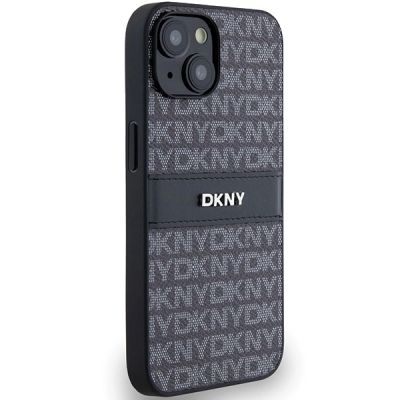 4. DKNY Leder-Monostreifen- und Metall-Logo-Hülle für iPhone 15 Plus / 14 Plus – Schwarz
