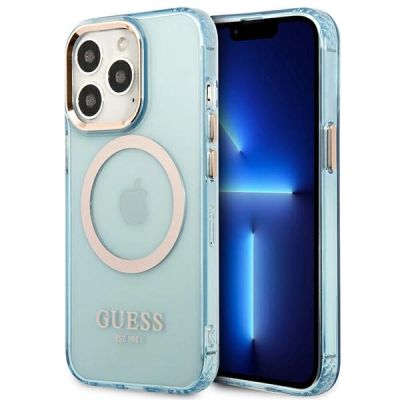 Guess Gold Outline Translucent MagSafe Hülle für iPhone 13 Pro / iPhone 13 – Blau