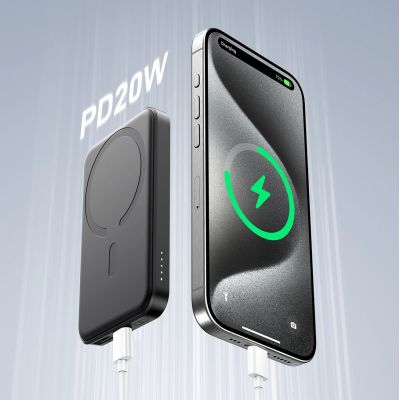 13. Powerbank Joyroom JR-W020 Mini 5000 mAh USB-A USB-C induktiv 20 W – schwarz + USB-C/USB-C-Kabel