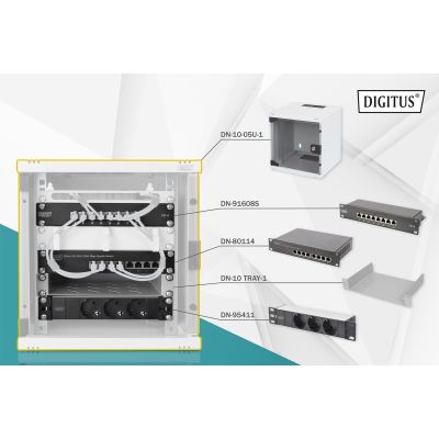 17. 10-Zoll-Netzwerkset: 6HE-Wandschrank, Ablage, Steckdosenleiste, 8-Port-Switch, Cat.6-Anschlussfeld, grau