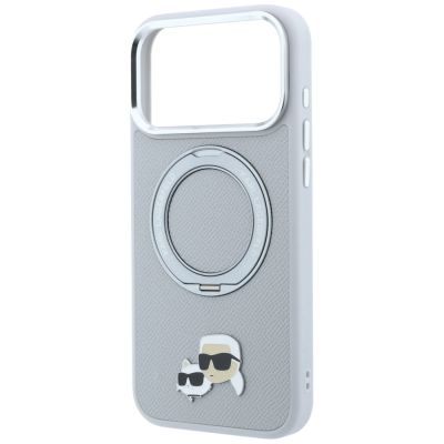 6. Karl Lagerfeld mit Ringständer 360 Karl & Choupette Köpfe Pin MagSafe Hülle für iPhone 18 Pro / 17 Pro - Grau