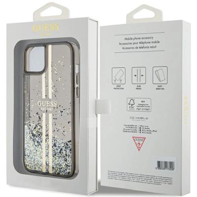 8. Guess Liquid Glitter Gold Stripes Hülle für iPhone 15 Plus / 14 Plus – Schwarz