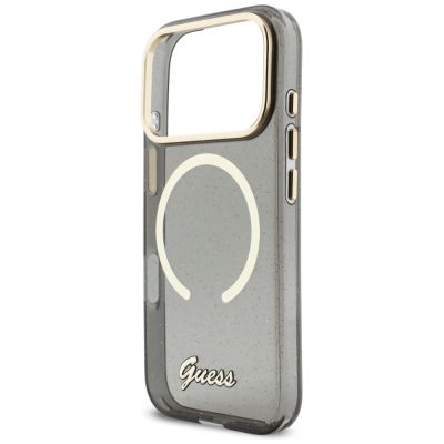 6. Guess IML Glitters Script Strap MagSafe Hülle für iPhone 17 Pro - Schwarz
