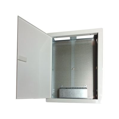 Gehäuse/Schrank, Multimedia 500x350x90, flächenbündig, perforierte Tür, 1 x Steckdose, 14 x Keystone-Steckdosen ALANTEC