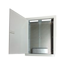 Gehäuse/Schrank, Multimedia 500x350x90, flächenbündig, perforierte Tür, 1 x Steckdose, 14 x Keystone-Steckdosen ALANTEC