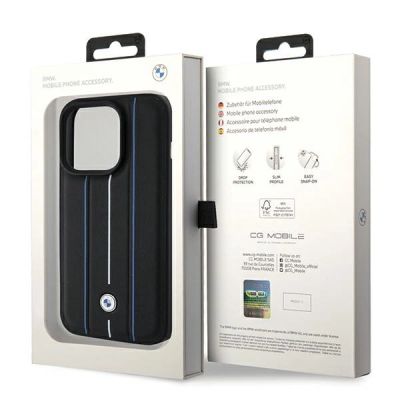 8. BMW Lederhülle mit blauem Streifenmuster für iPhone 15 Pro Max – Schwarz