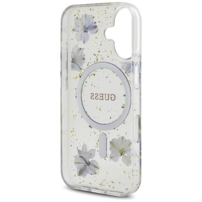 7. Guess Resin Flowers Glitter MagSafe Hülle für iPhone 16 - Lila