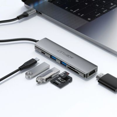 5. Acefast J18 USB-Hub USB-C 6-in-1 HDMI 4K 60Hz PD90W Dockingstation – Grau