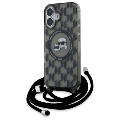 Karl Lagerfeld IML Crossbody Monogram Karl & Choupette Head MagSafe Hülle für iPhone 16 – Schwarz