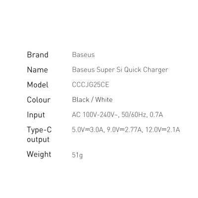 18. Baseus Super Si 1C Schnellladegerät USB Typ C 25W Power Delivery Quick Charge schwarz (CCSP020101)