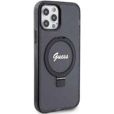 4. Guess Ring Stand Script Glitter MagSafe-Hülle für iPhone 12/12 Pro – Schwarz