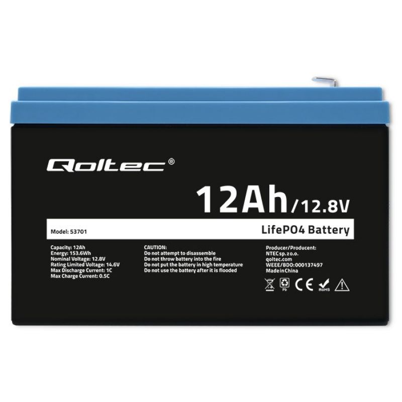 5. Qoltec LiFePO4 Lithium-Eisenphosphat-Batterie 12,8 V 12 Ah 153,6 Wh BMS