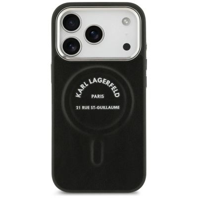 3. Karl Lagerfeld MagSafe Hülle mit geprägtem offenem Ring und RSG-Logo für iPhone 17 Pro Max / 18 Pro Max – Schwarz