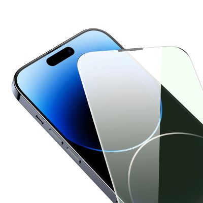 7. Baseus Vollbild-Hartglas für iPhone 14 Pro Max mit Anti-Blaulichtfilter und 0,3-mm-Lautsprecherabdeckung + Montagerahmen