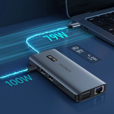3. Choetech multifunktionaler HUB mit Display 12in1 USB-C auf USB-C / USB-A / HDMI / VGA / AUX / SD / TF grau (HUB-M26)