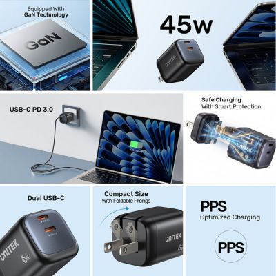 9. UNITEK 2x GAN 45W Ladegerät, 2x USB-C PD 3.0, QC, Schwarz
