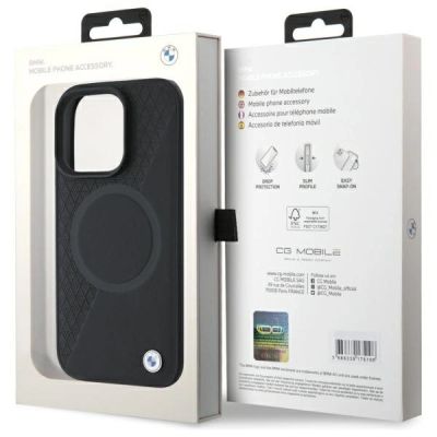 8. BMW Sign Leather Half Textured And Circle MagSafe-Hülle für iPhone 16 Pro Max – Schwarz