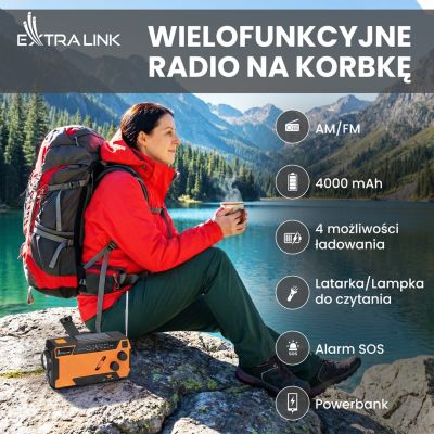 26. Extralink Solar-Notfallradio mit Kurbeldynamo-Powerbank (4000 mAh) und SOS-Taschenlampe SR-4000, tragbar, analog, Schwarz/Orange