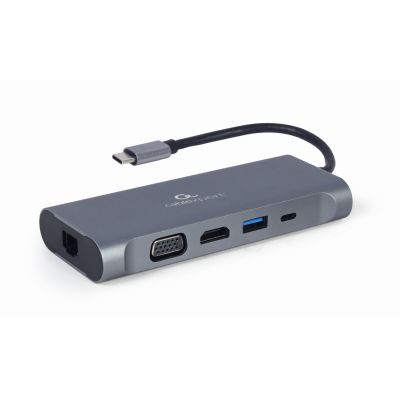 4. GEMBIRD MULTI-ADAPTER USB TYPE-C 7-IN-1 (USB-3.0-HUB + HDMI + VGA + PD + KARTENLESER + STEREO-AUDIO), GRAU