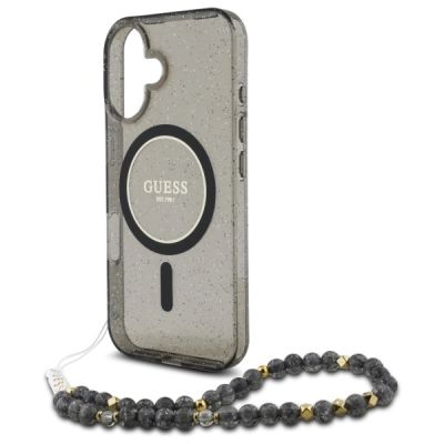 5. Guess IML Glitter MagSafe Hülle mit Perlenriemen für iPhone 16 - Schwarz