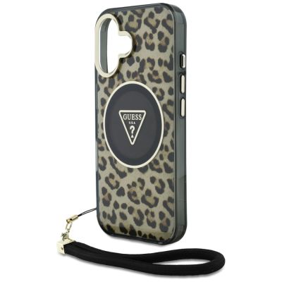 5. Guess HC IML Leopard Triangle Cord Strap MagSafe iPhone 16 Hülle - Braun
