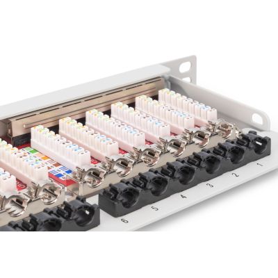 18. Hochdichtes Patchpanel 19 Zoll, 24x RJ45, LSA-Level, Cat. 6A, geschirmt, 0,5 HE, grau, Kabelführung