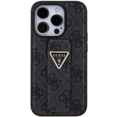 4. Guess Grip Stand 4G Triangle Strass Hülle für iPhone 15 Pro Max - Schwarz